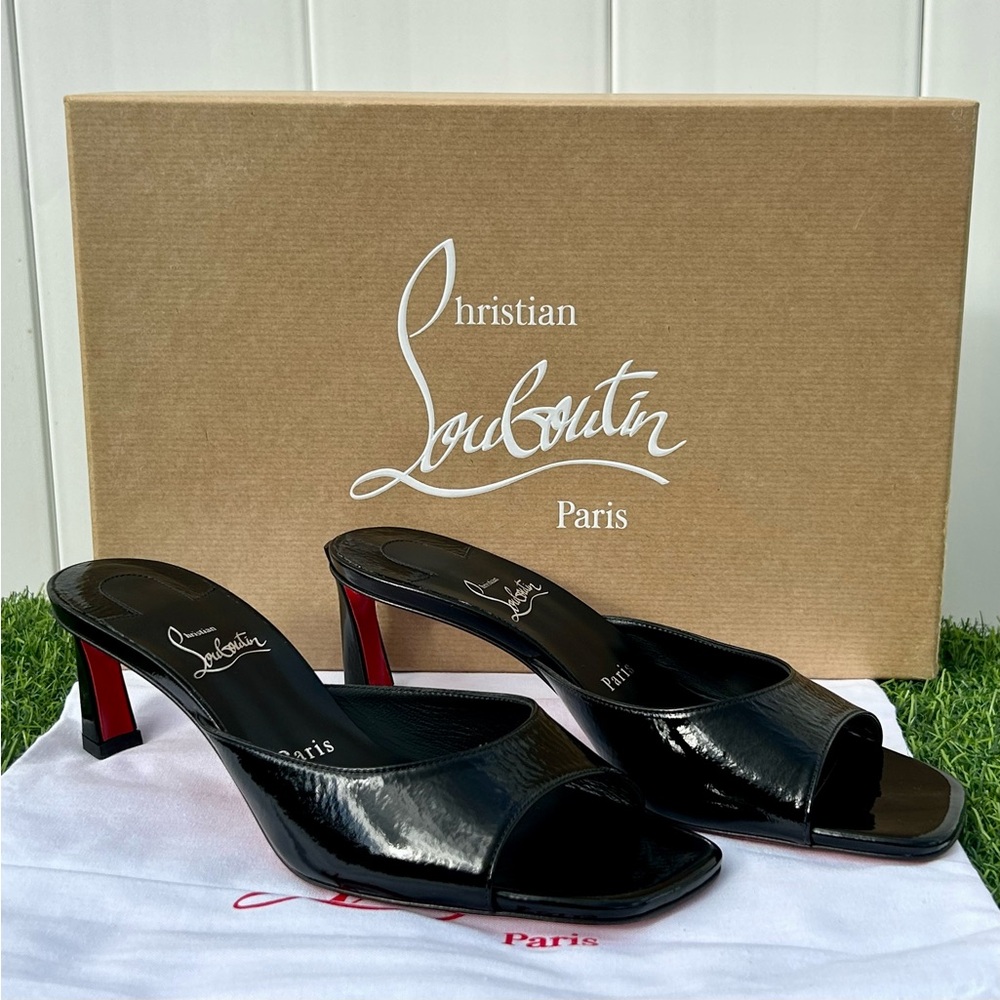 CHRISTIAN LOUBOUTIN CONDORA MULE 55 BLACK PAT. LEATHER SANDAL MID HEEL 37.5 NEW - Picture 7 of 16